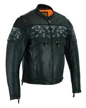 Men's Leather Concealed Carry Racing Jacket with Reflective Skulls Heavy Duty