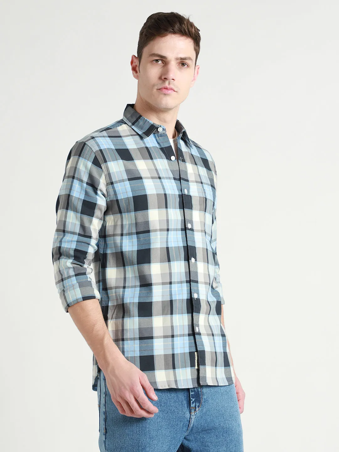 Men's Tartan Checks Blue Casual Shirt