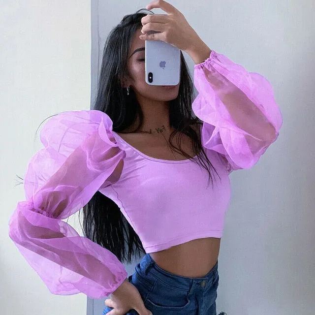 Mesh Long Sleeve Crop Tops Women Backless