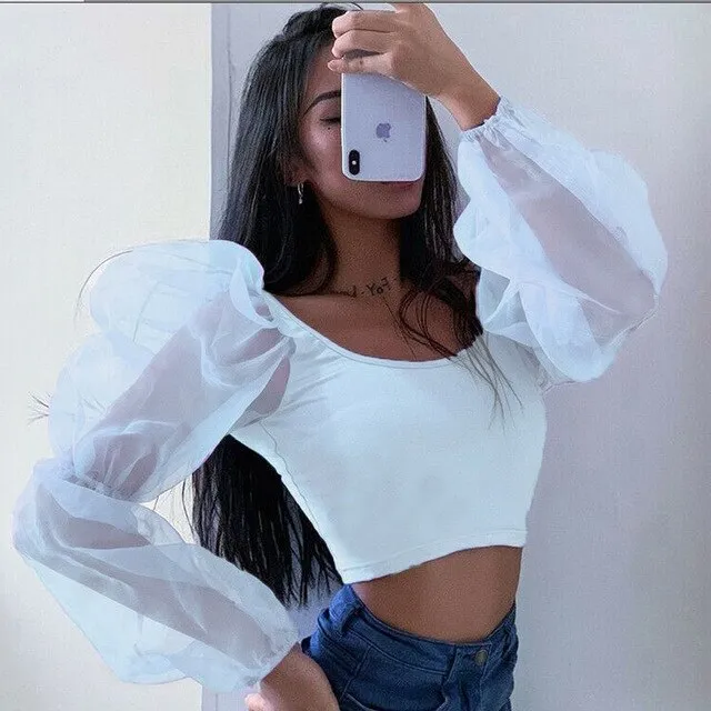 Mesh Long Sleeve Crop Tops Women Backless