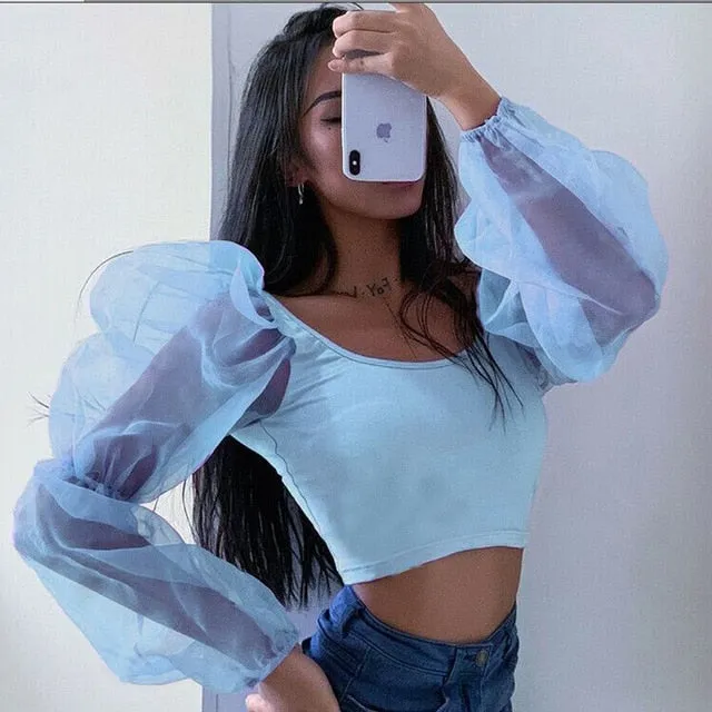 Mesh Long Sleeve Crop Tops Women Backless