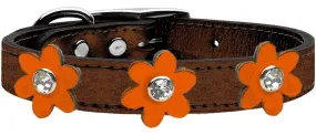 Metallic Flower Leather Collar Bronze With Metallic Orange Flowers Size 14