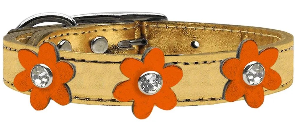 Metallic Flower Leather Collar Gold With Metallic Orange Flowers Size 18