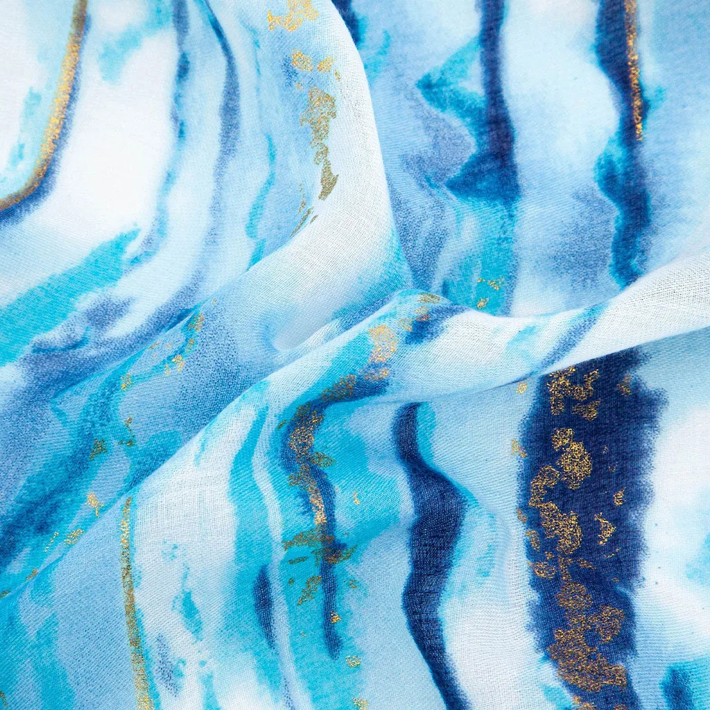 Metallic Gold Foil Abstract Stripe Print Scarf In Blue