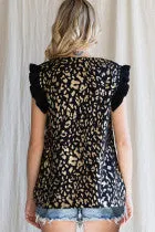 Metallic Leopard Print Knit Top W/ Stretch Neck, Solid Knit Frilled Shoulders