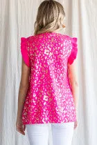 Metallic Leopard Print Knit Top W/ Stretch Neck, Solid Knit Frilled Shoulders