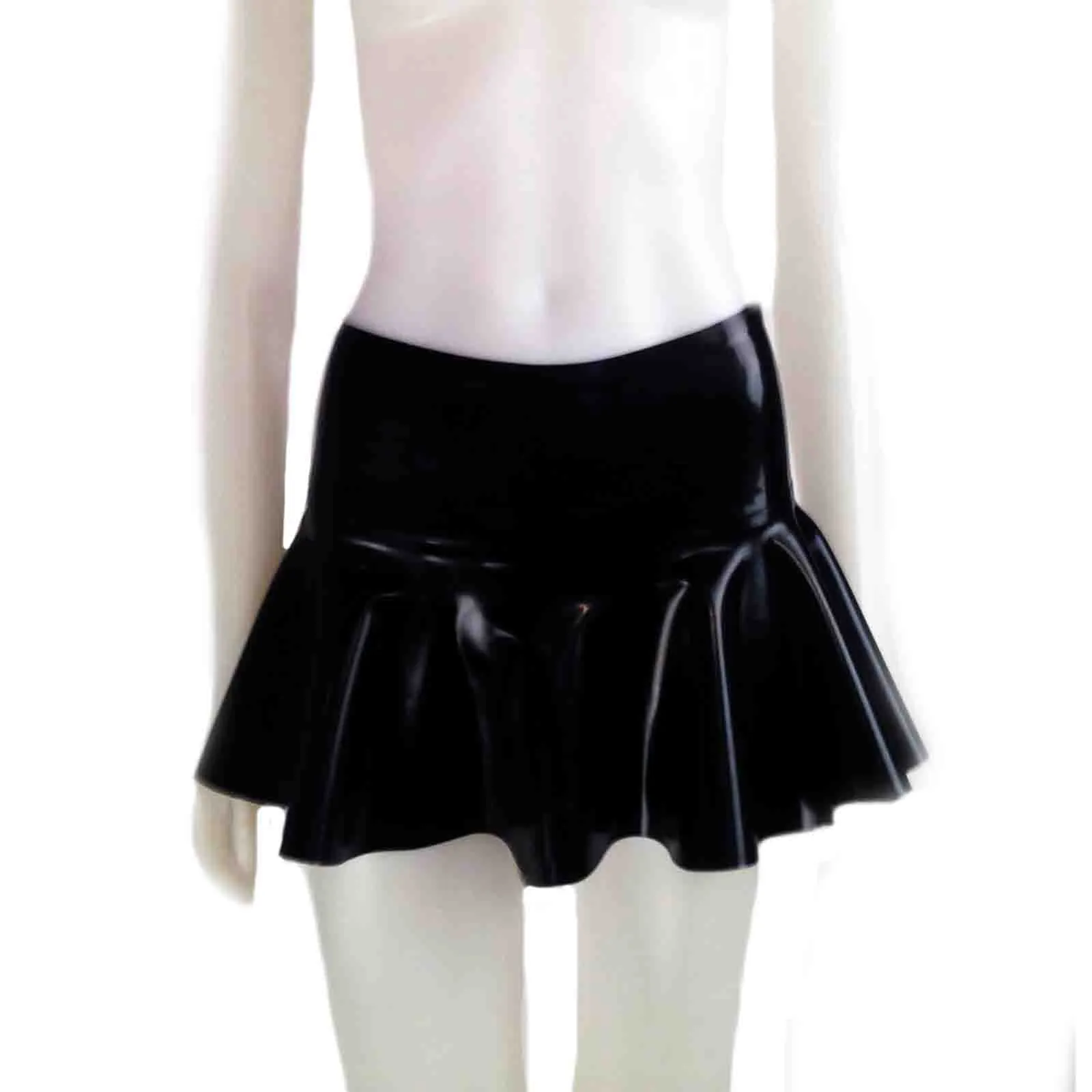 MONNIK Black Latex Fashion Skirt Miniskirt Sexy Women's Rubber short Half skirt with ruffle trim for fetish Catsuit Club party wear