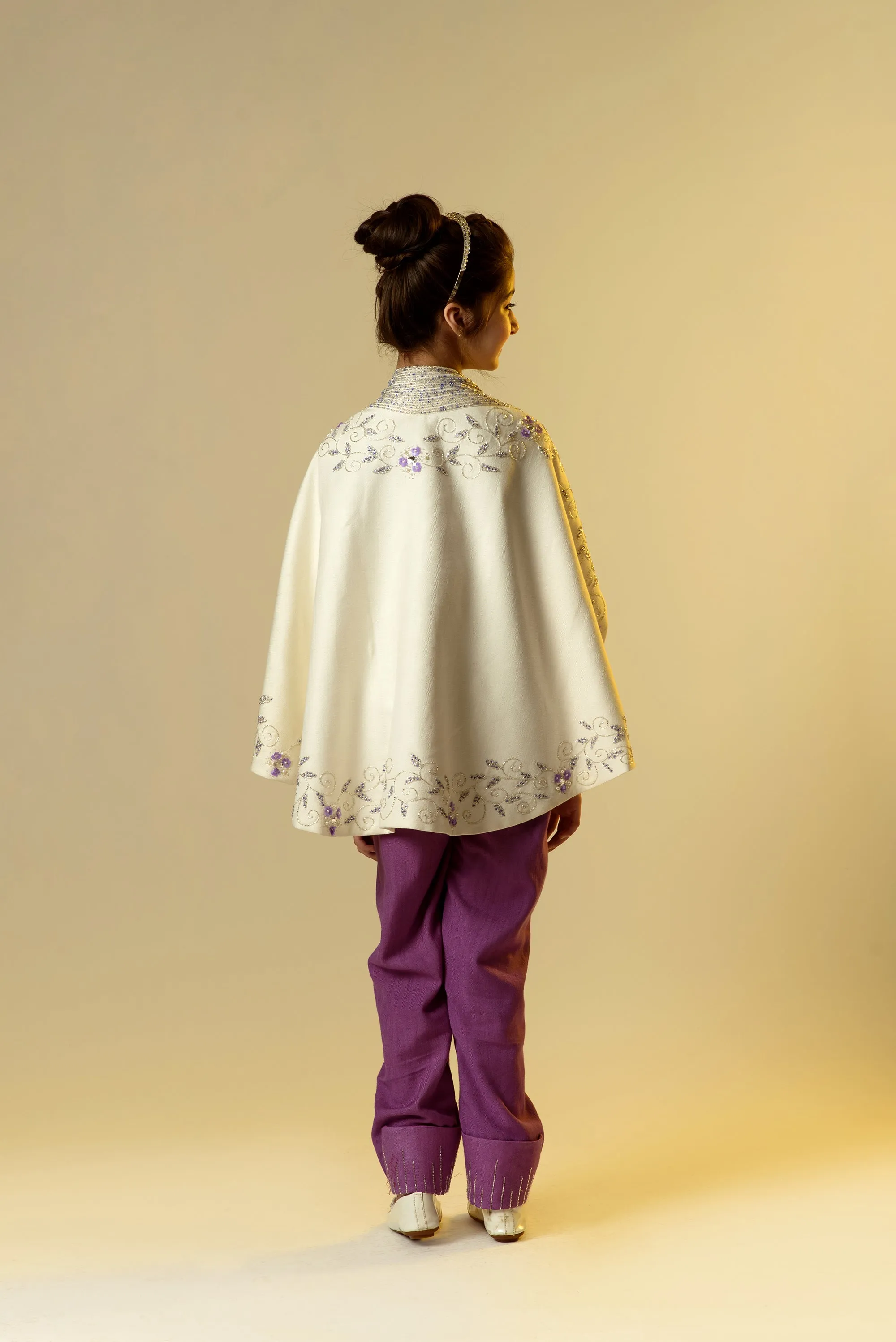 Moonbeam Glimmer- Organic Herringbone Jumpsuit With Embroidered Cape Shawl & Bow Belt For Girls