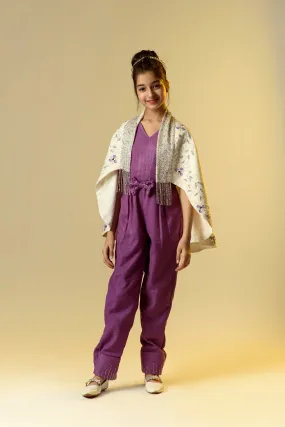 Moonbeam Glimmer- Organic Herringbone Jumpsuit With Embroidered Cape Shawl & Bow Belt For Girls