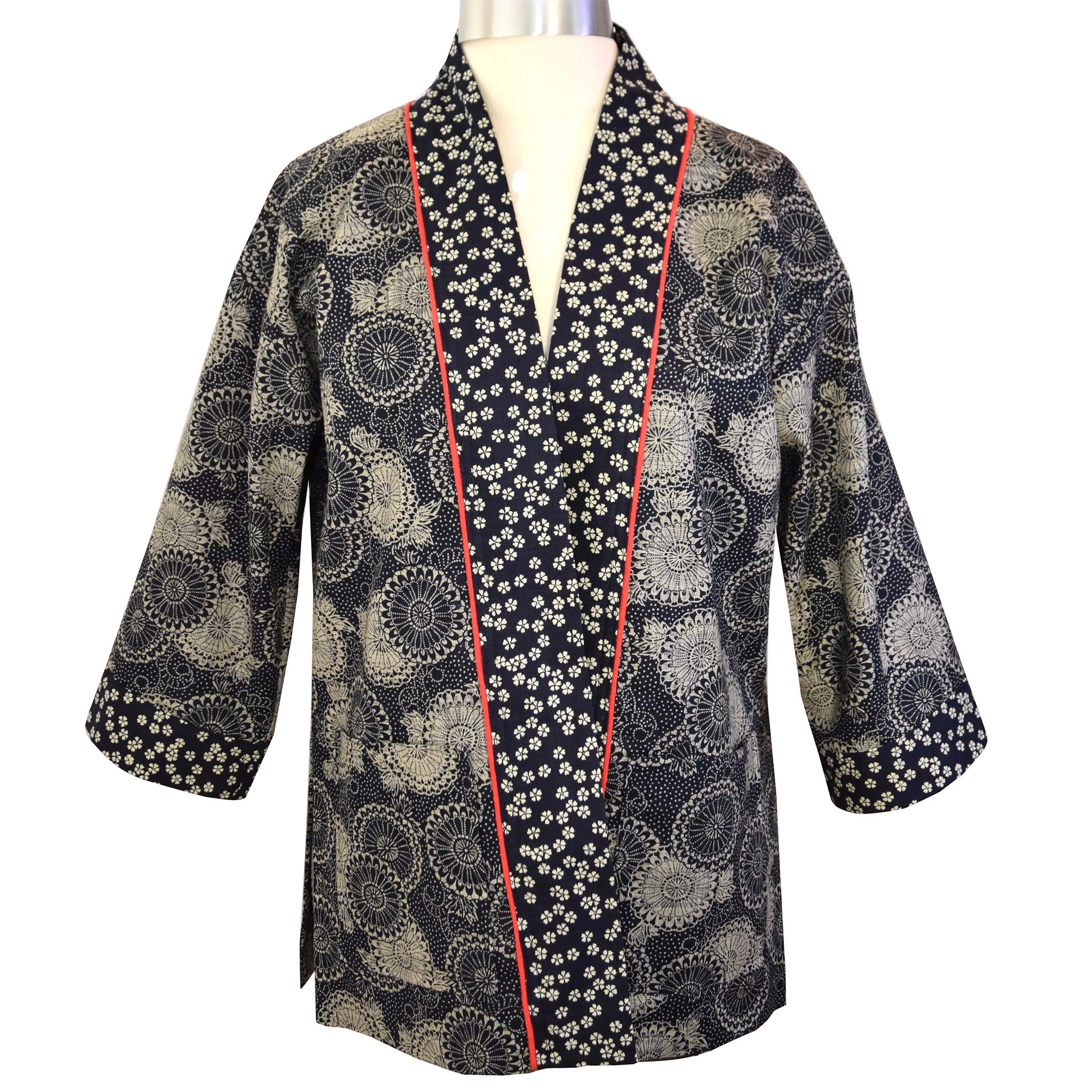 Multiprint Cotton Kimono Style Jacket with Contrast Neckband