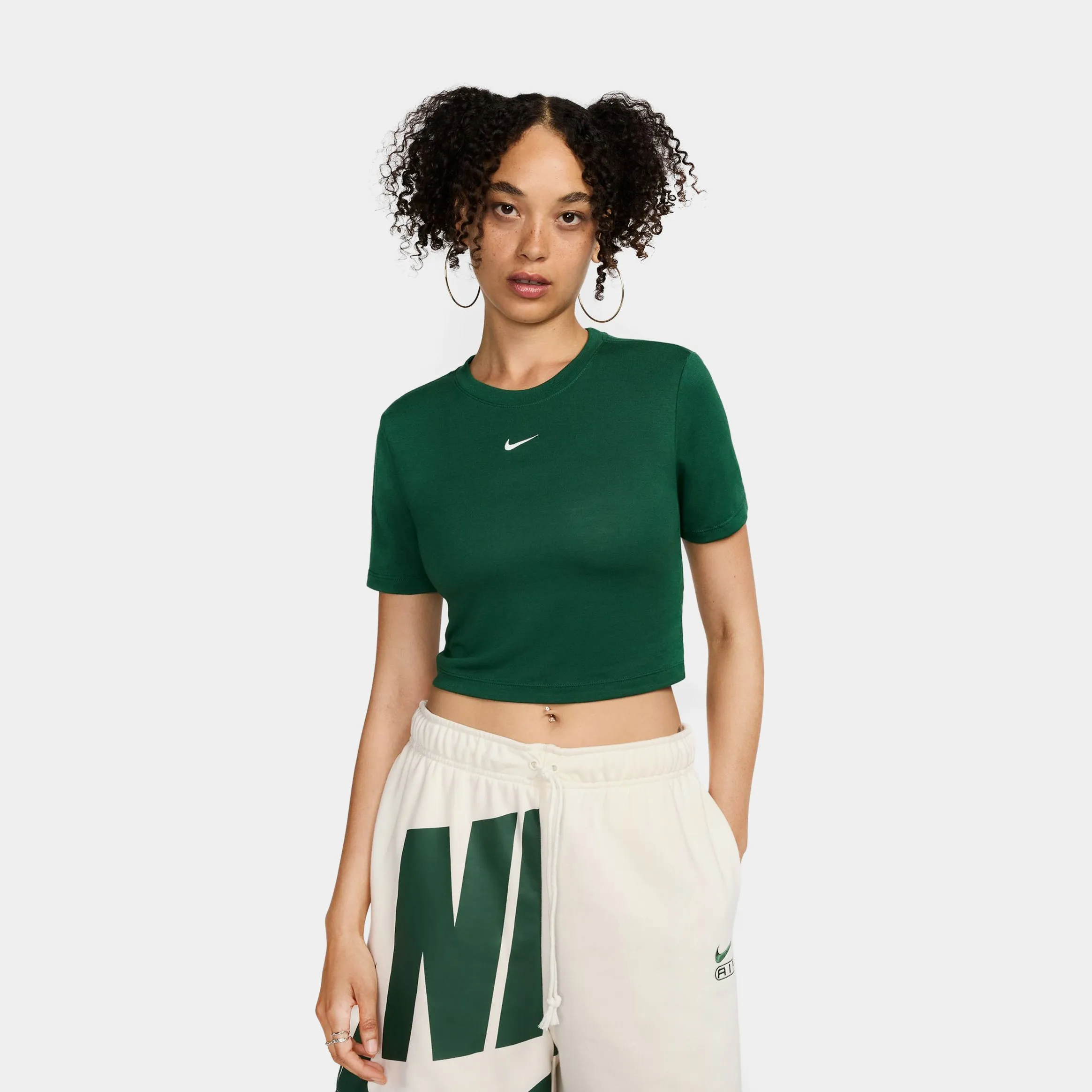 NSW Essential Slim Cropped Womens Short Sleeve Shirt (Green/White)