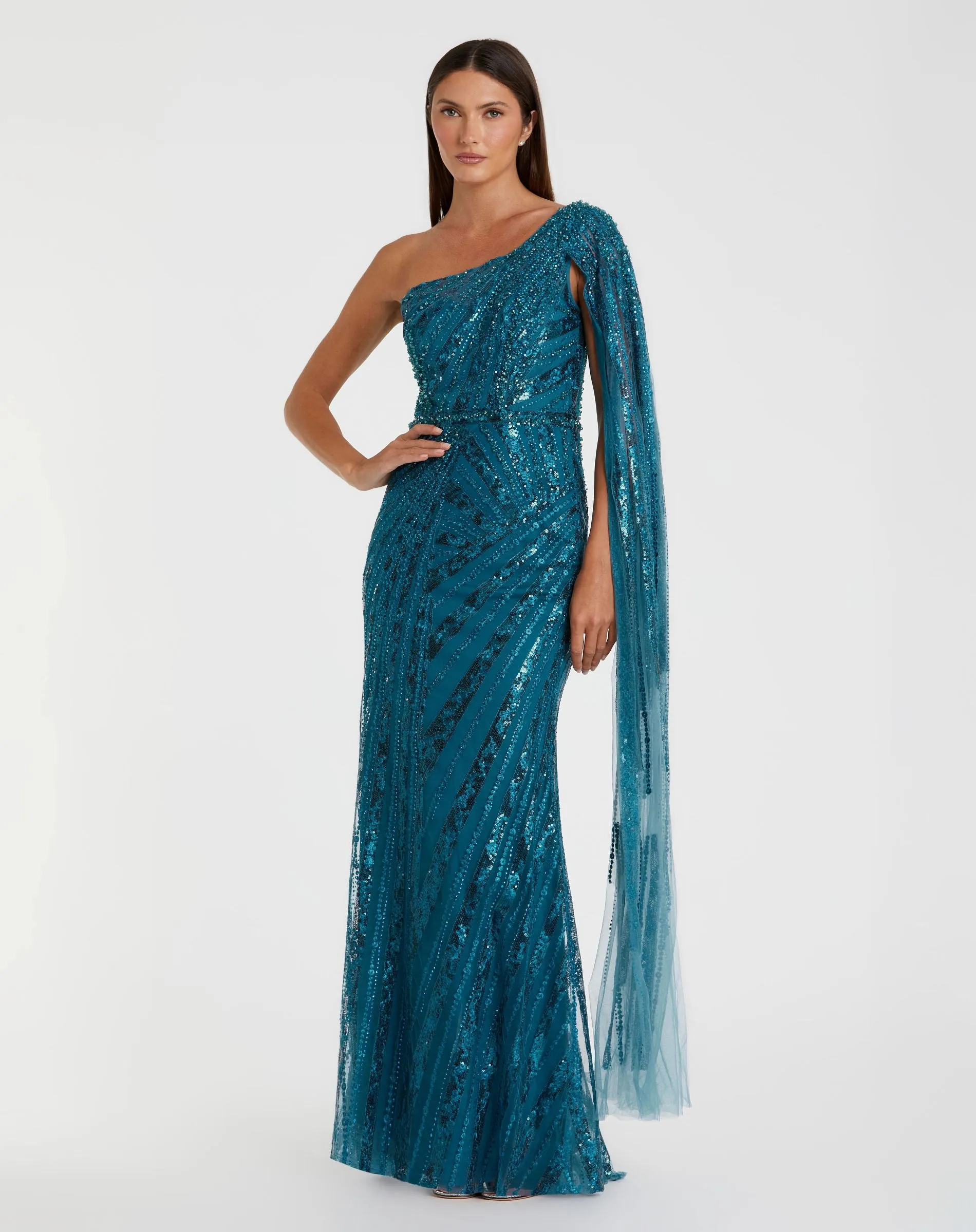 One Shoulder Cape Sleeve Embellished Gown