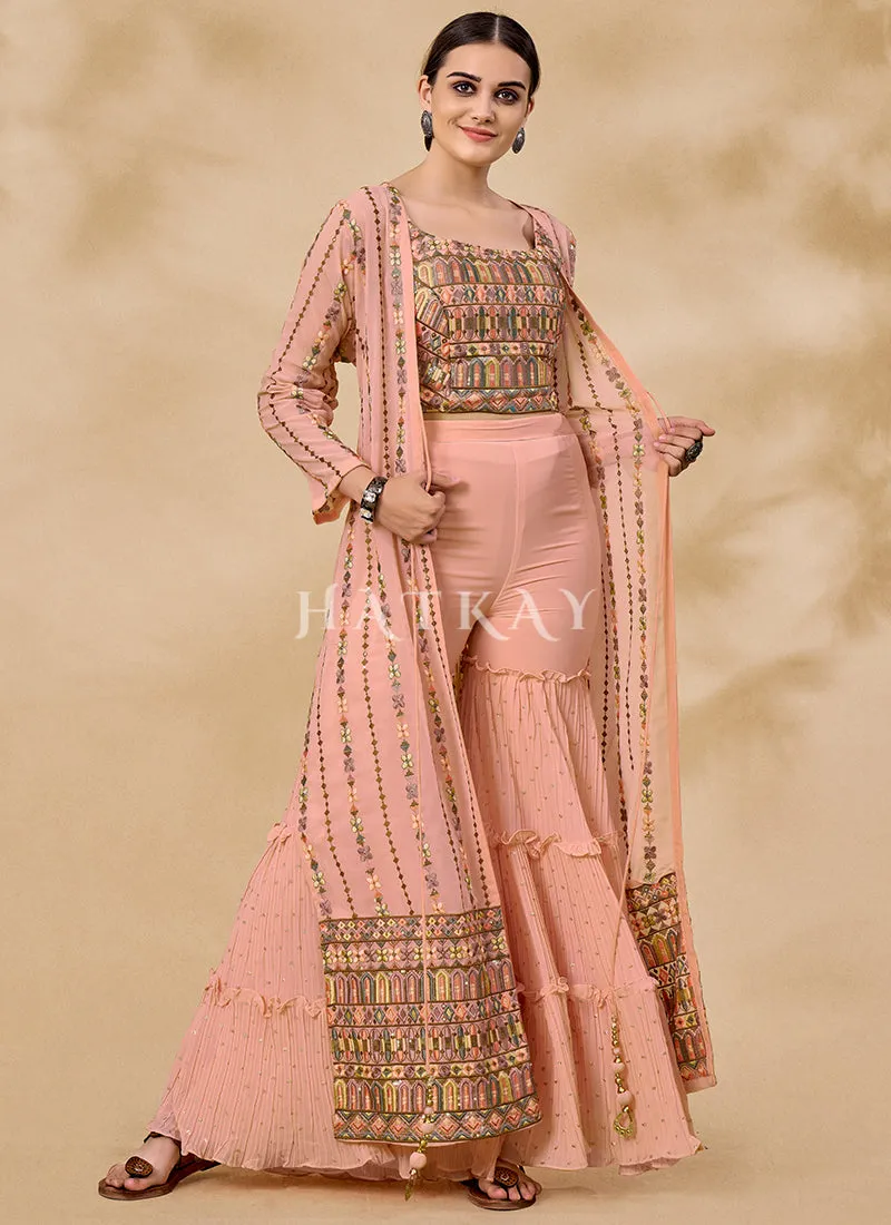 Peach Multi Embroidered Jacket Style Sharara Suit