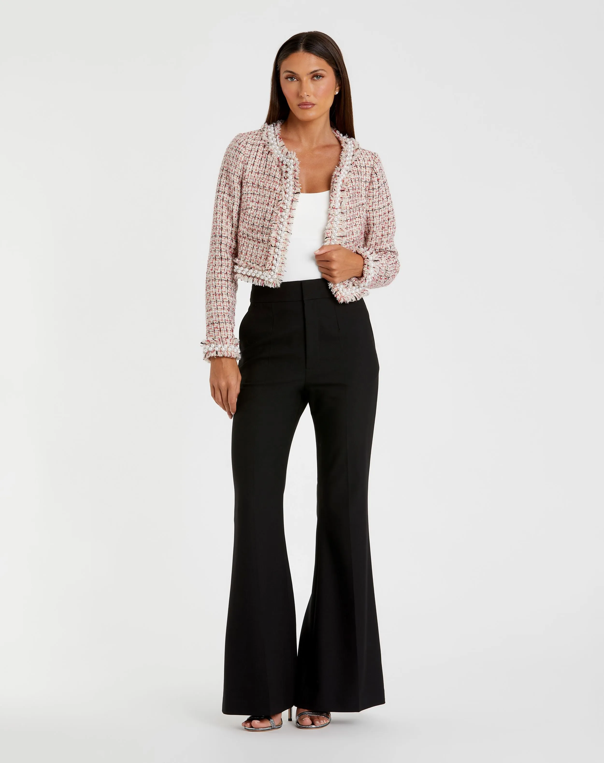 Pearl Trim Long Sleeve Cropped Jacket