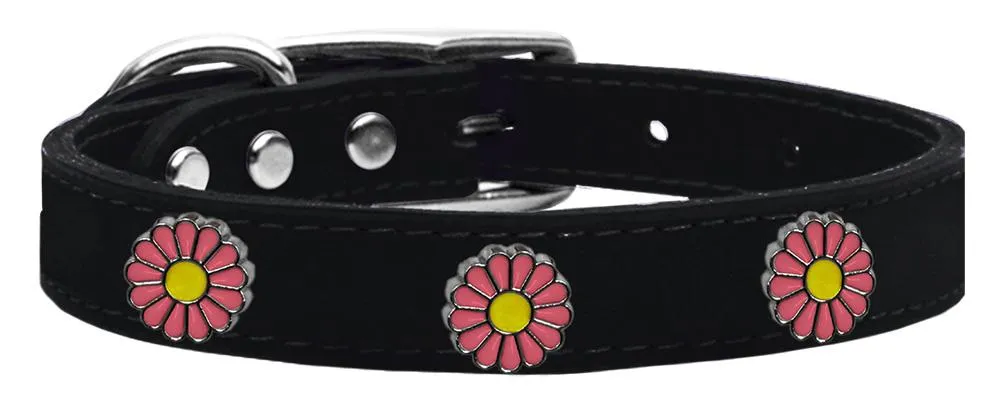 Pink Daisy Widget Genuine Leather Dog Collar Black 22