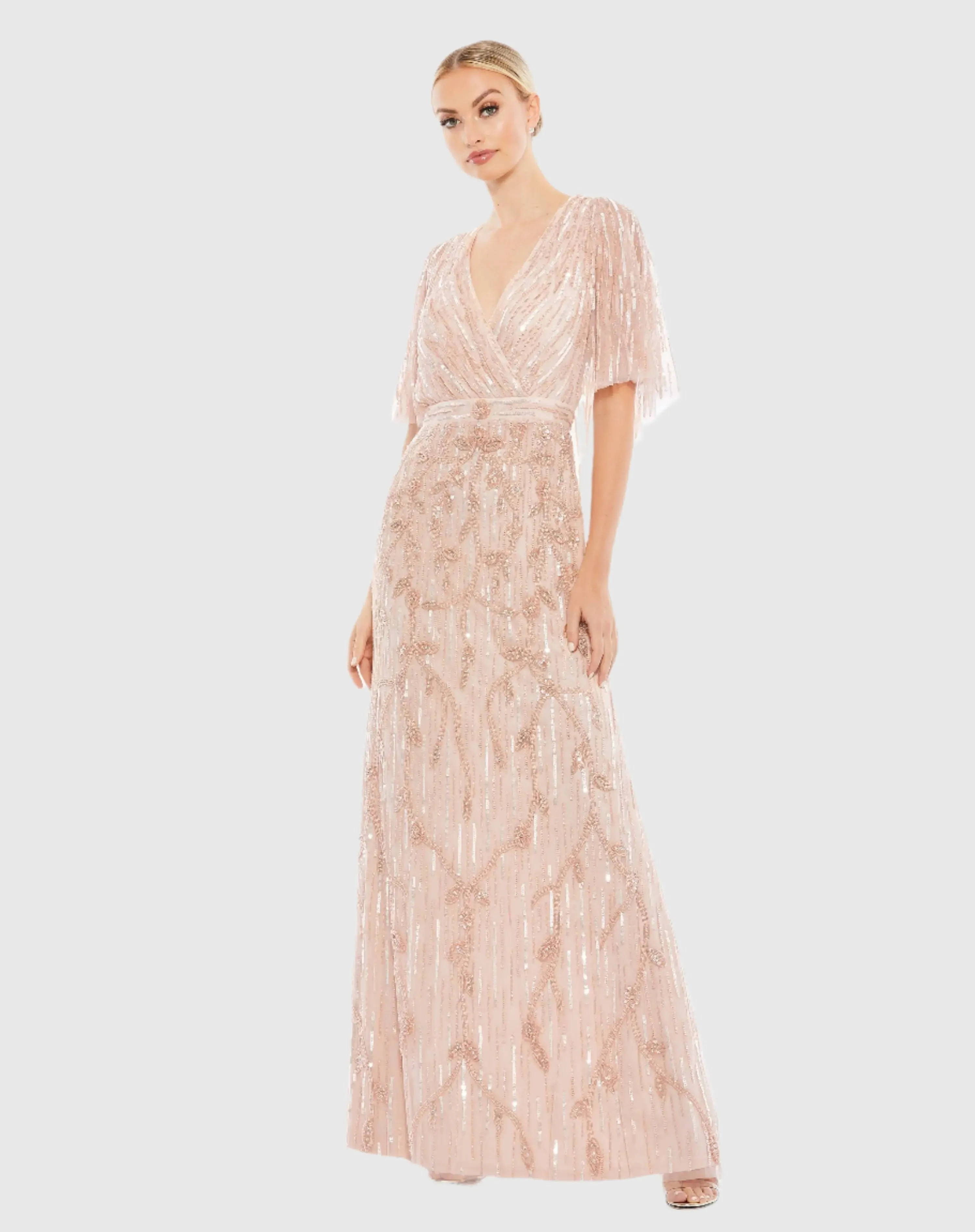 Pink Embellished Cap Sleeve Faux Wrap Trumpet Gown