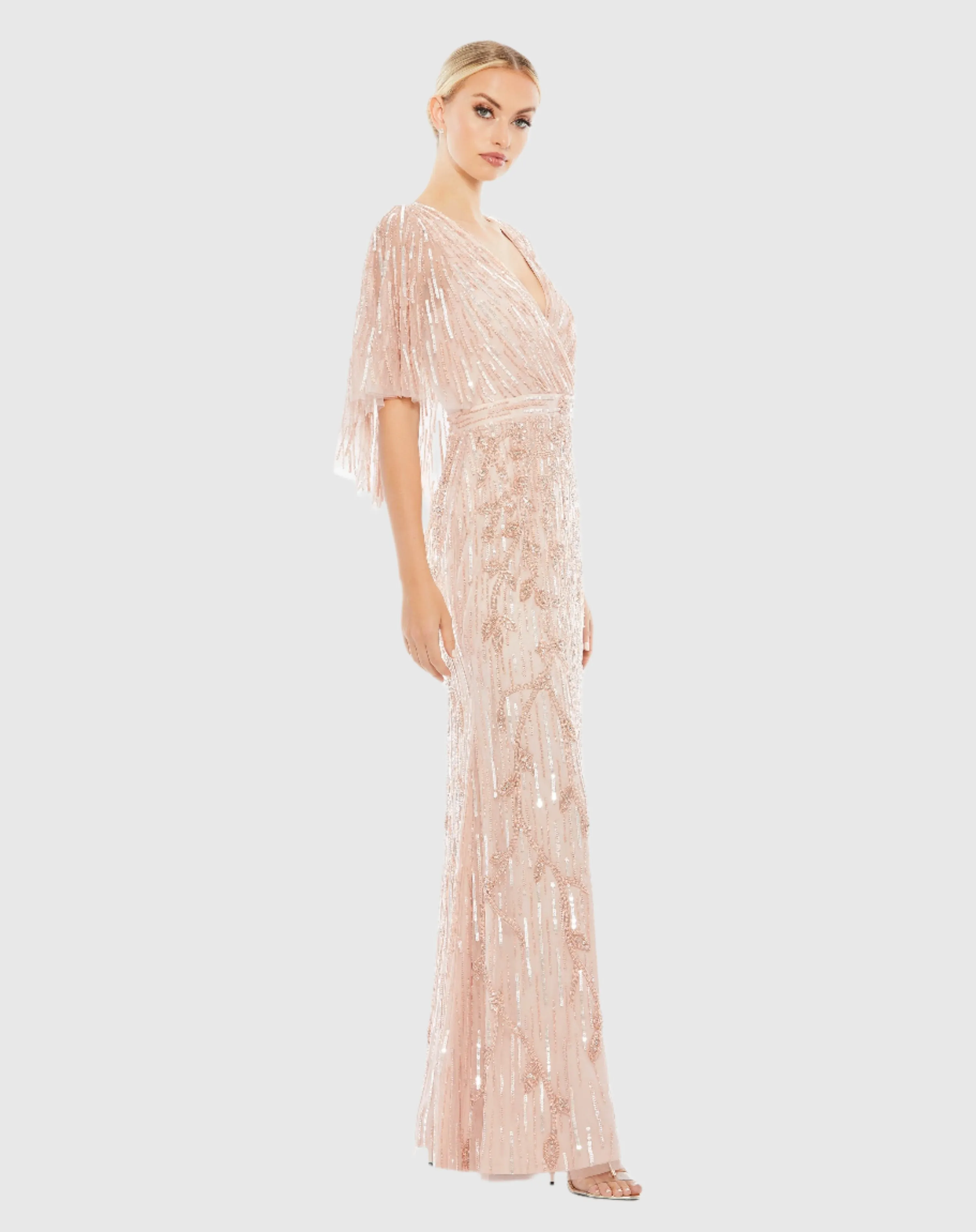 Pink Embellished Cap Sleeve Faux Wrap Trumpet Gown