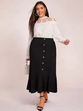 Plus Size Black Ruffle Hem High Waist Pencil Mermaid Skirt