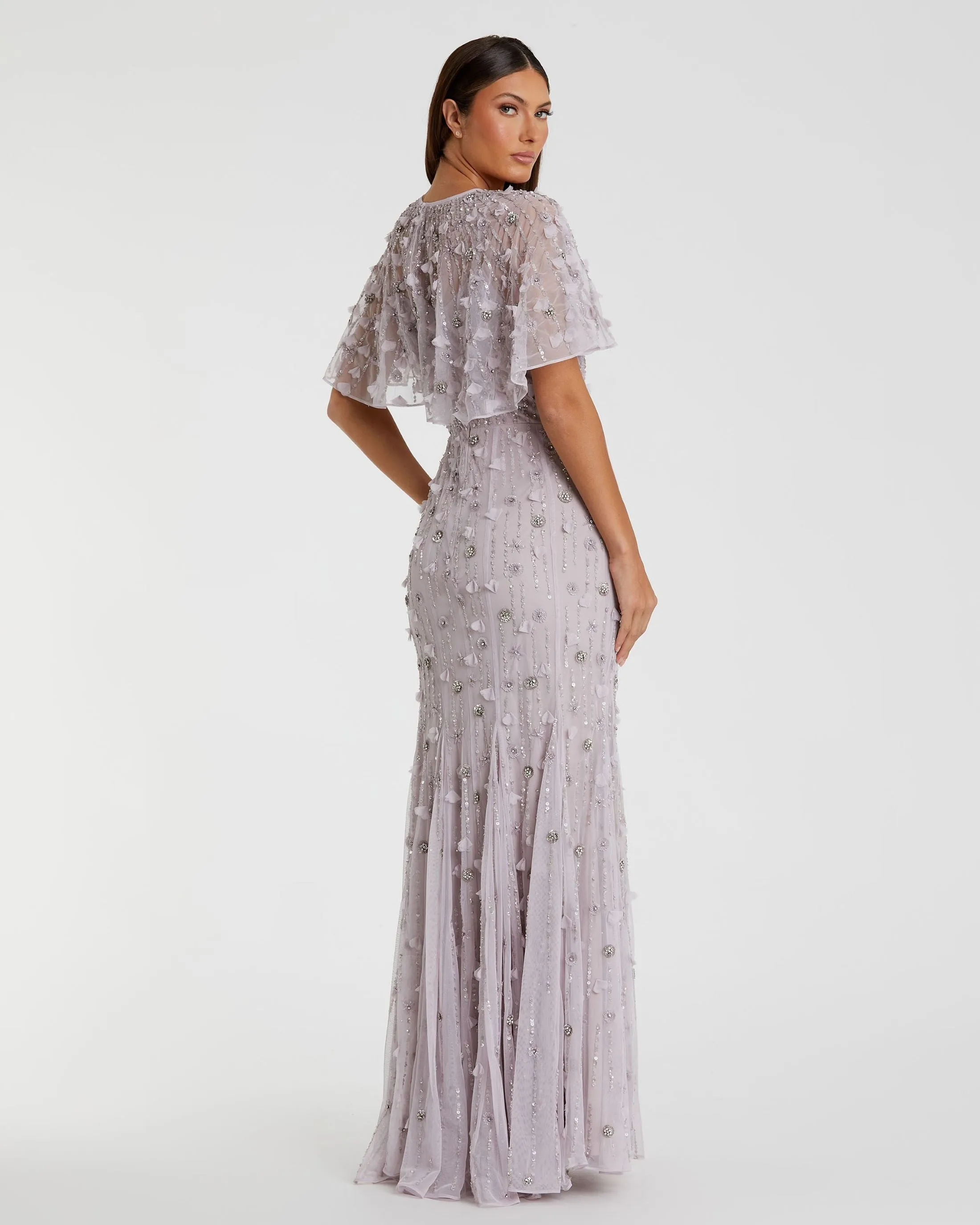 Purple Embellished Illusion Cape Sleeve Trumpet Gown