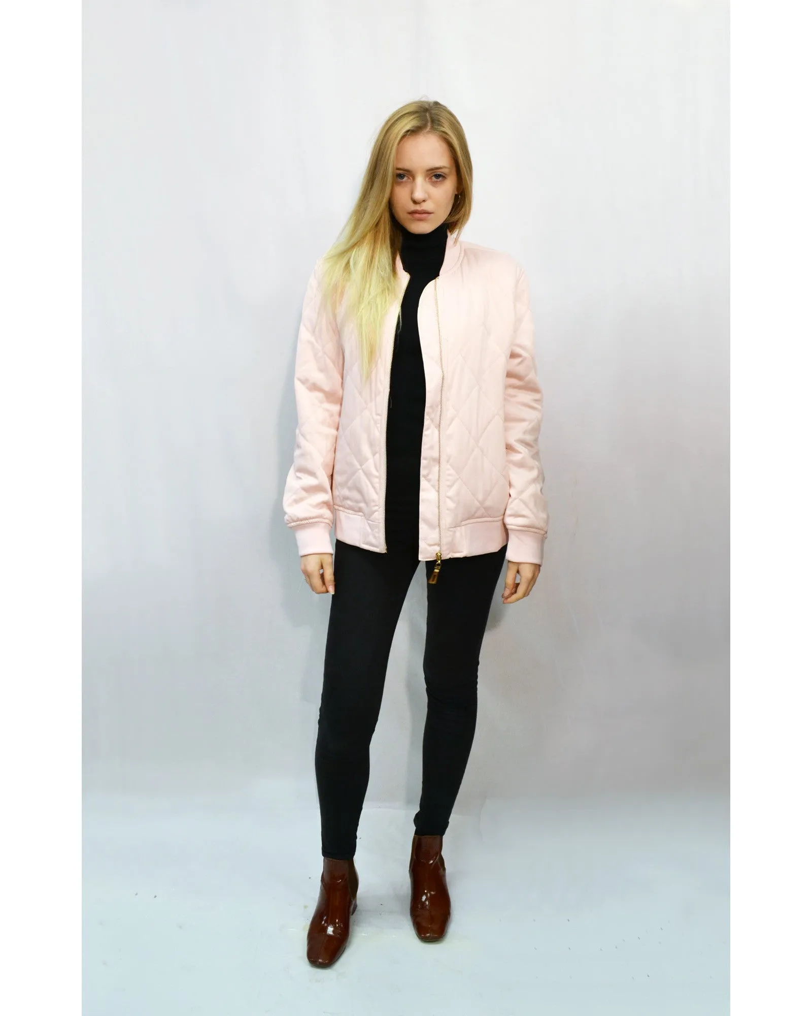 Qulited Satin Pink Puffer Bomber Jacket