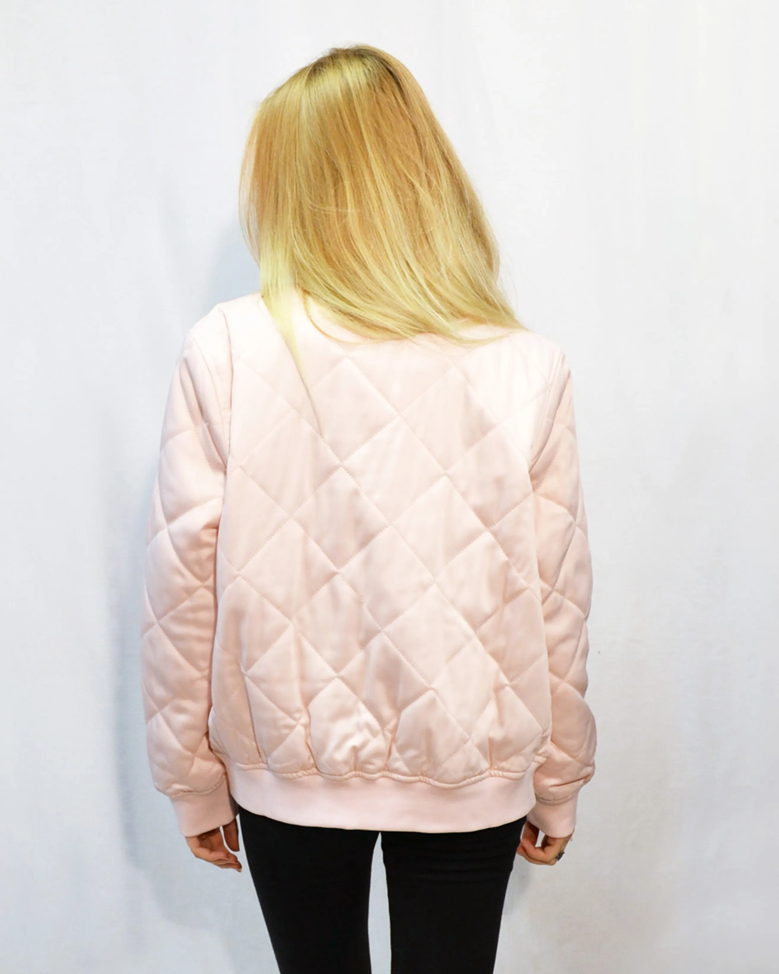 Qulited Satin Pink Puffer Bomber Jacket