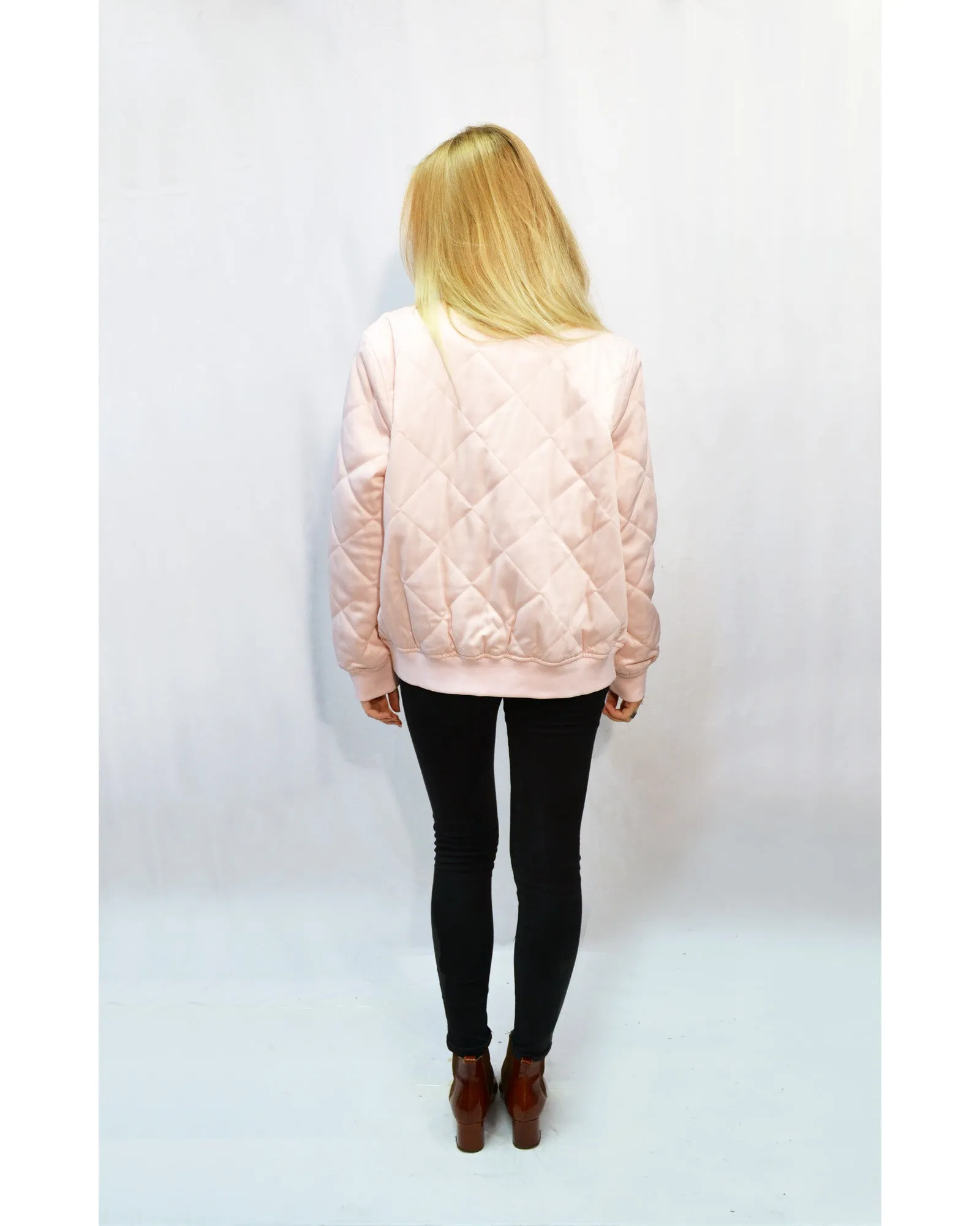 Qulited Satin Pink Puffer Bomber Jacket