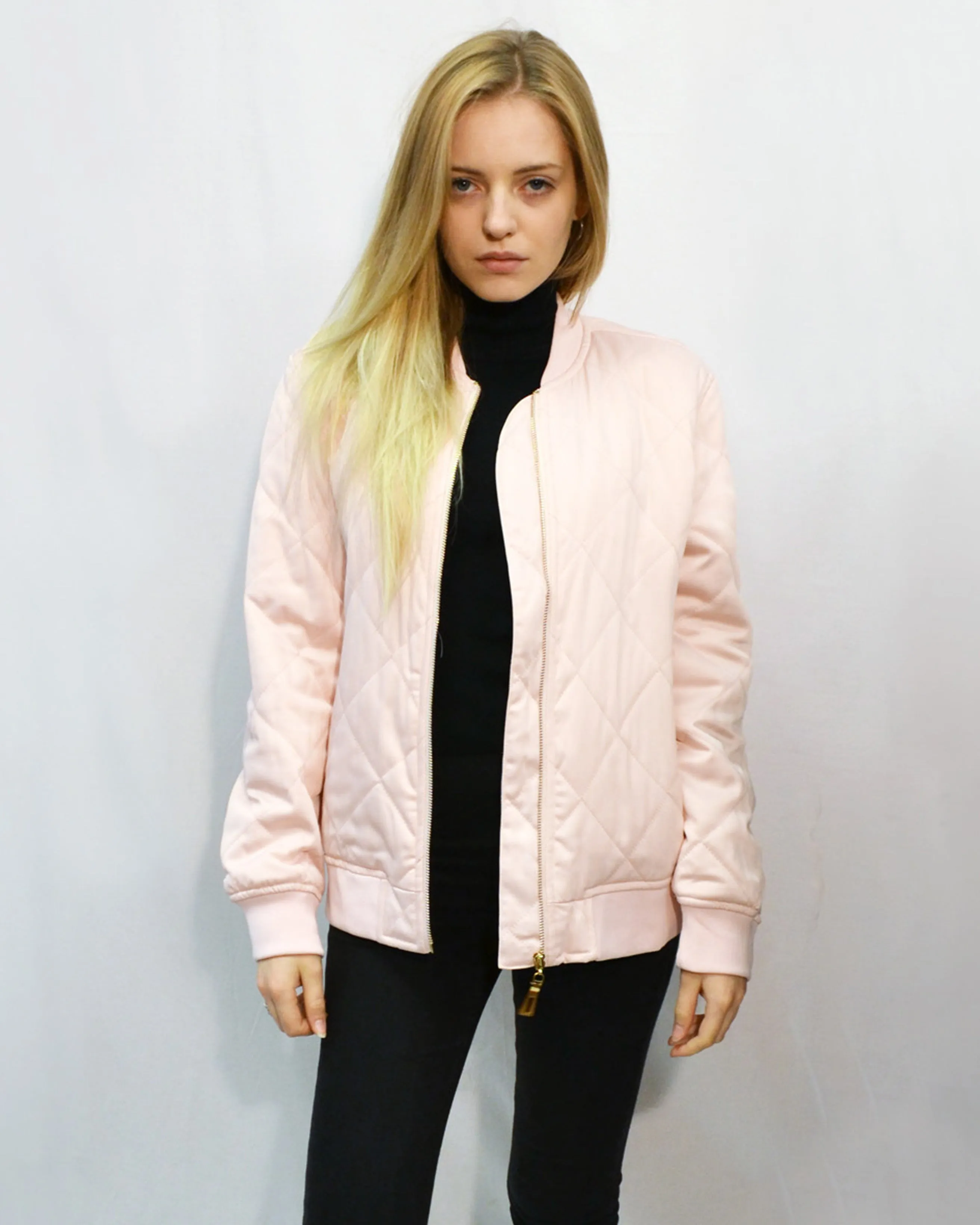 Qulited Satin Pink Puffer Bomber Jacket