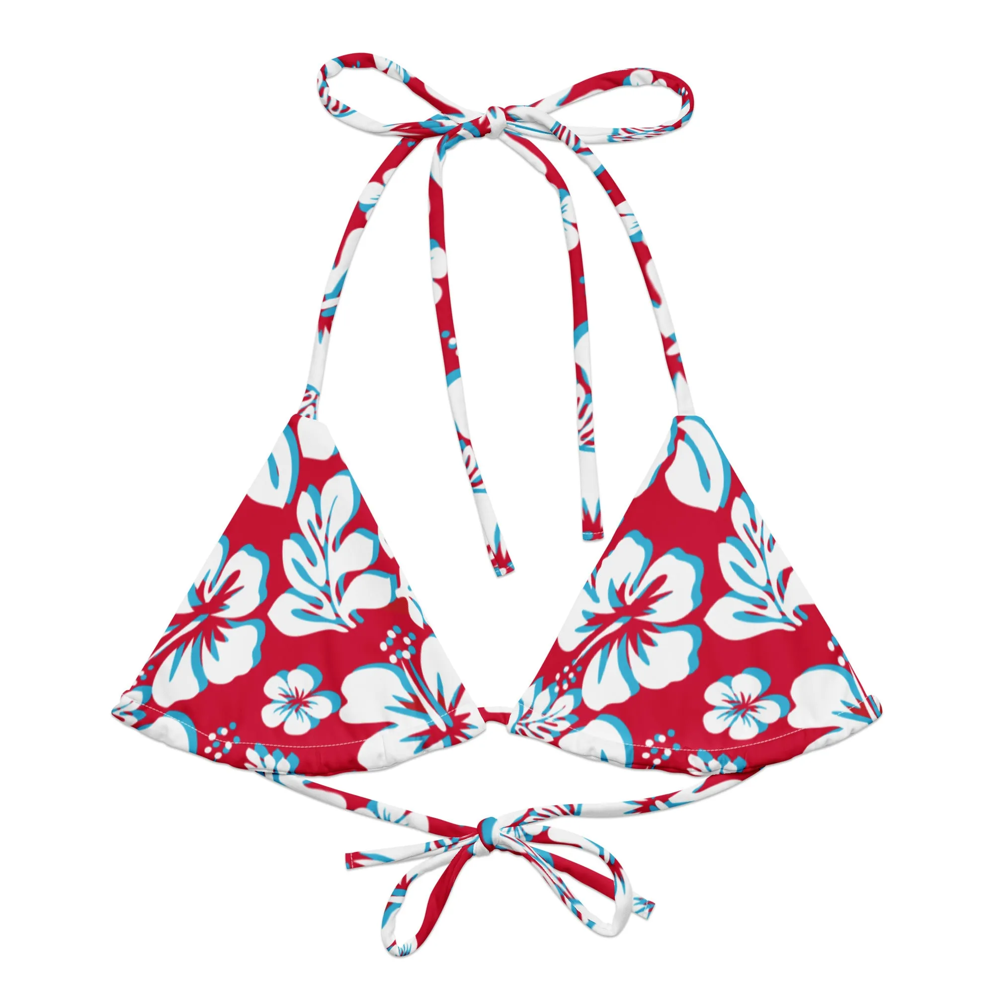 Red, Aqua Blue and White Hawaiian Flowers String Bikini Top