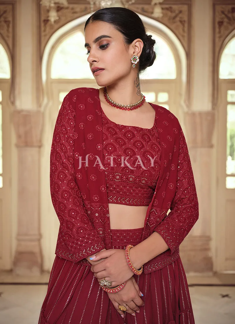 Red Sequence Embroidered Jacket Style Lehenga Choli