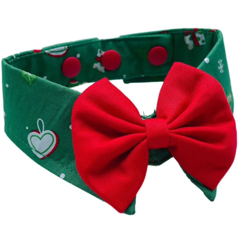 RuffCo Handcrafted Bowtie Button Collar For Cats & Dogs (Green Christmas)