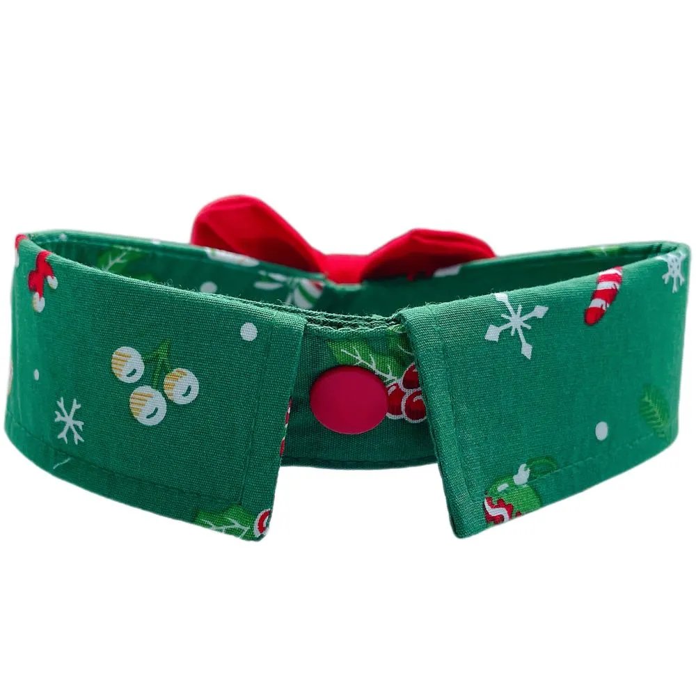 RuffCo Handcrafted Bowtie Button Collar For Cats & Dogs (Green Christmas)