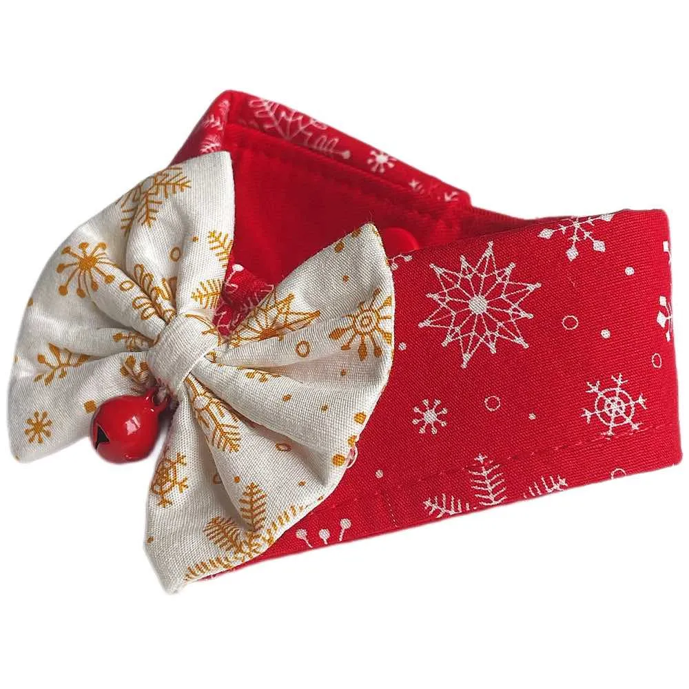 RuffCo Handcrafted Bowtie Button Collar For Cats & Dogs (Red Snowflake)