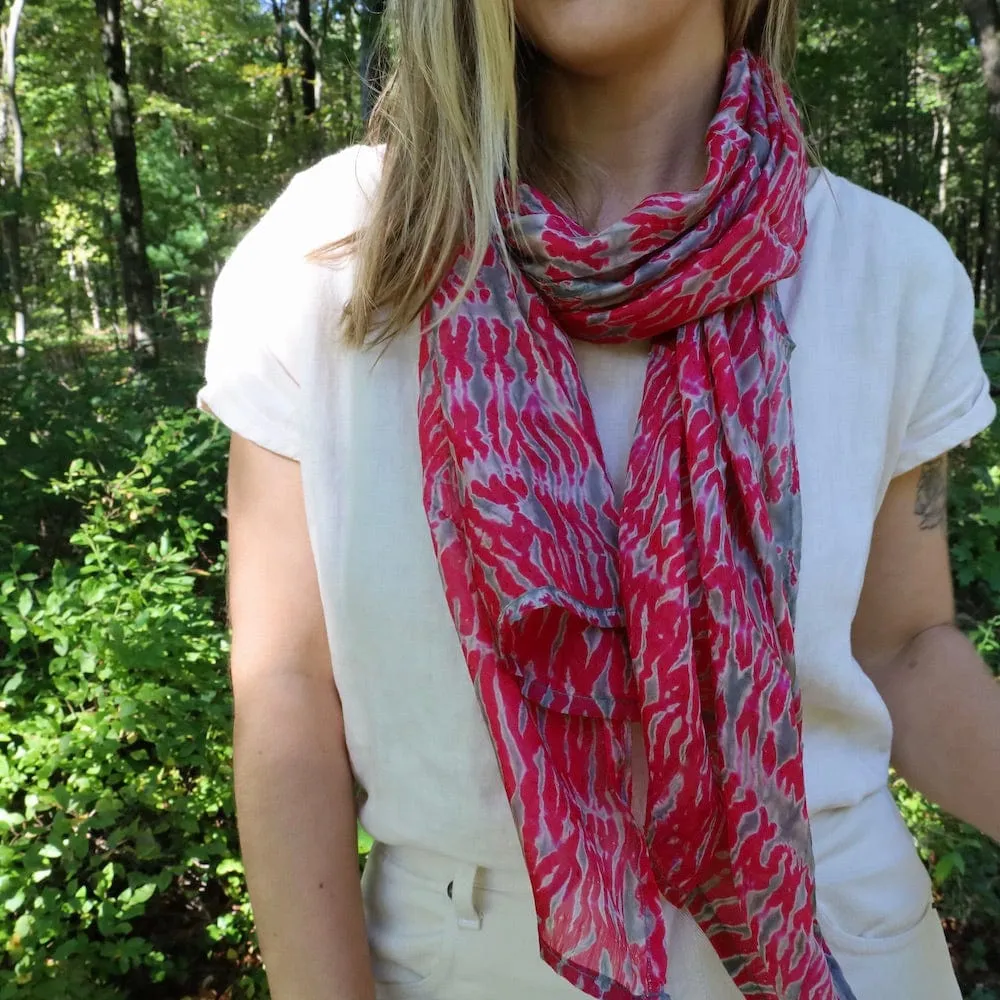 Savannah Shibori Silk Scarf ~ Crimson Grey