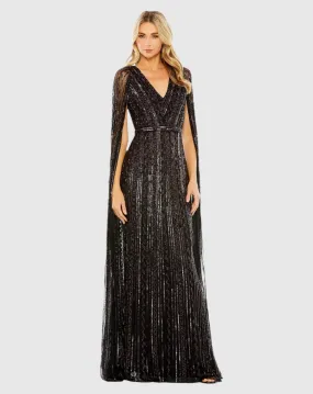 Sequined V-Neck Gown with Cape Sleeves