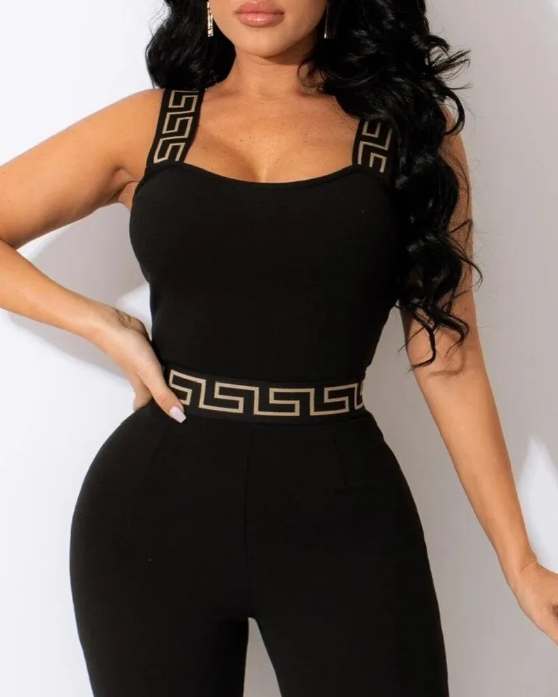 Sexy Women Party Club Bodycon Black Jumpsuit Overalls Geometric Print Sleeveless One Piece Outfit 2023 Summer Clothes Rompers