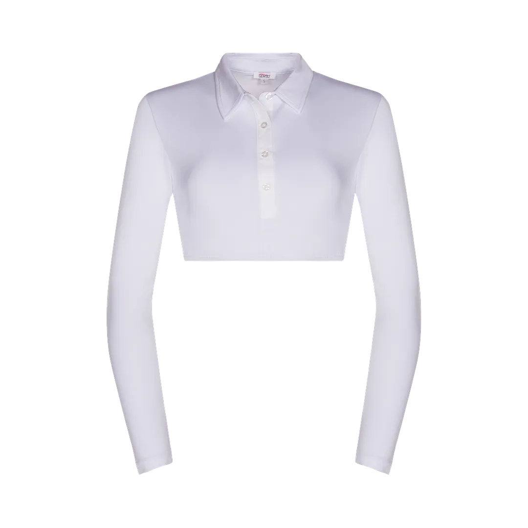 SH320 - long sleeve crop shell, pointy collar and woven placket, viscose