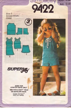 Simplicity 9422 Girls Stretch Dress Top & Shorts 1980s Vintage Sewing Pattern Size 5