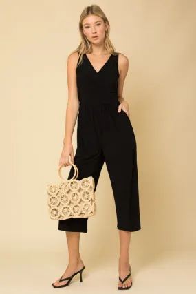 SLEEVELESS SURPLICE CROPPED JUMPSUIT-Black