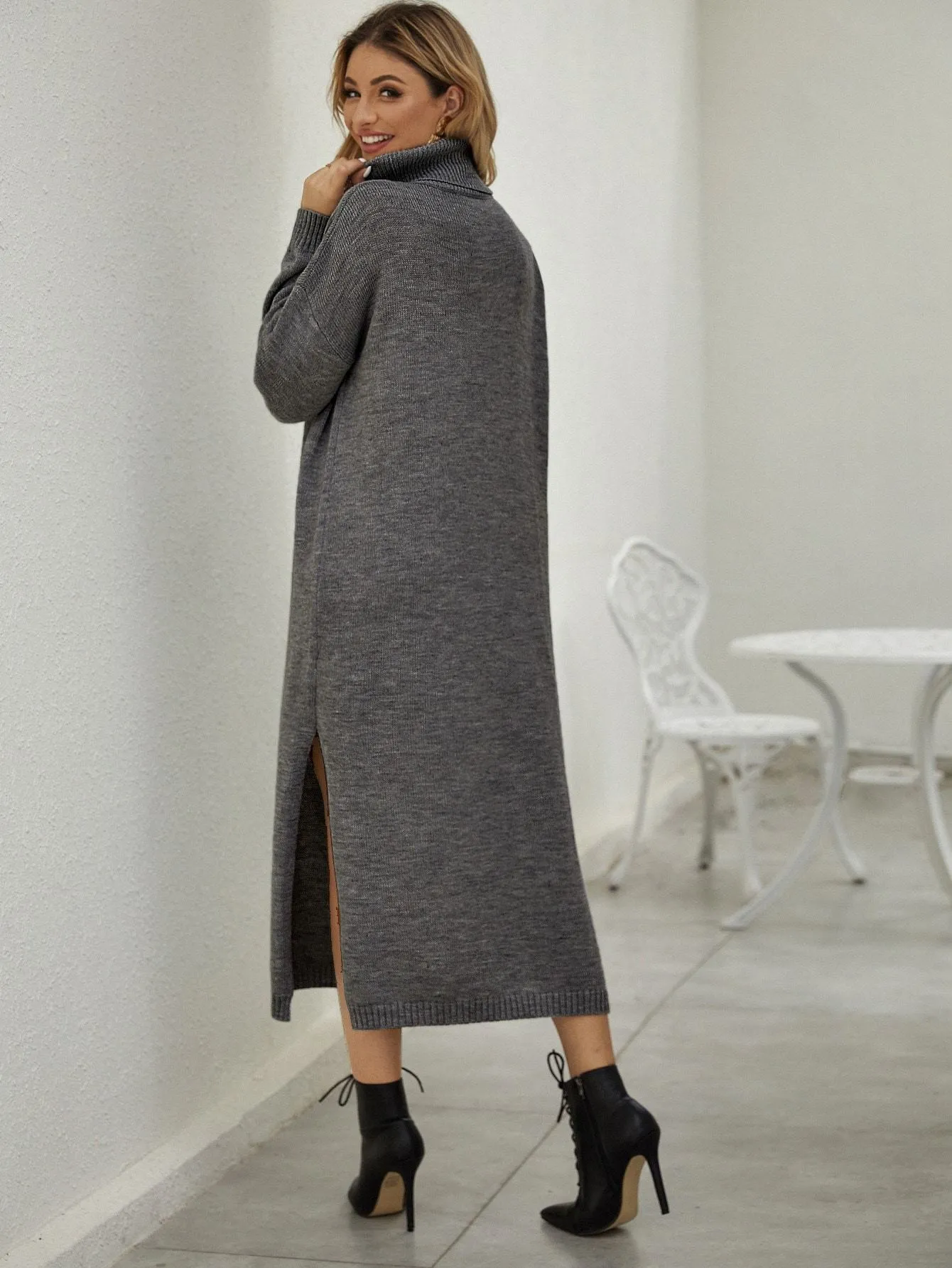 Slit Hem Drop Shoulder Turtleneck Jumper Dress Without Belt