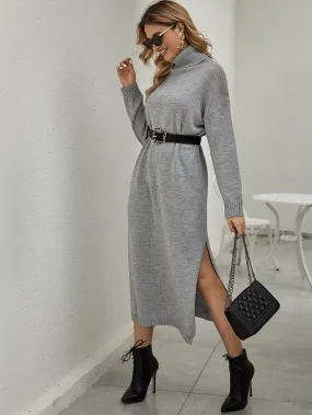 Slit Hem Drop Shoulder Turtleneck Jumper Dress Without Belt