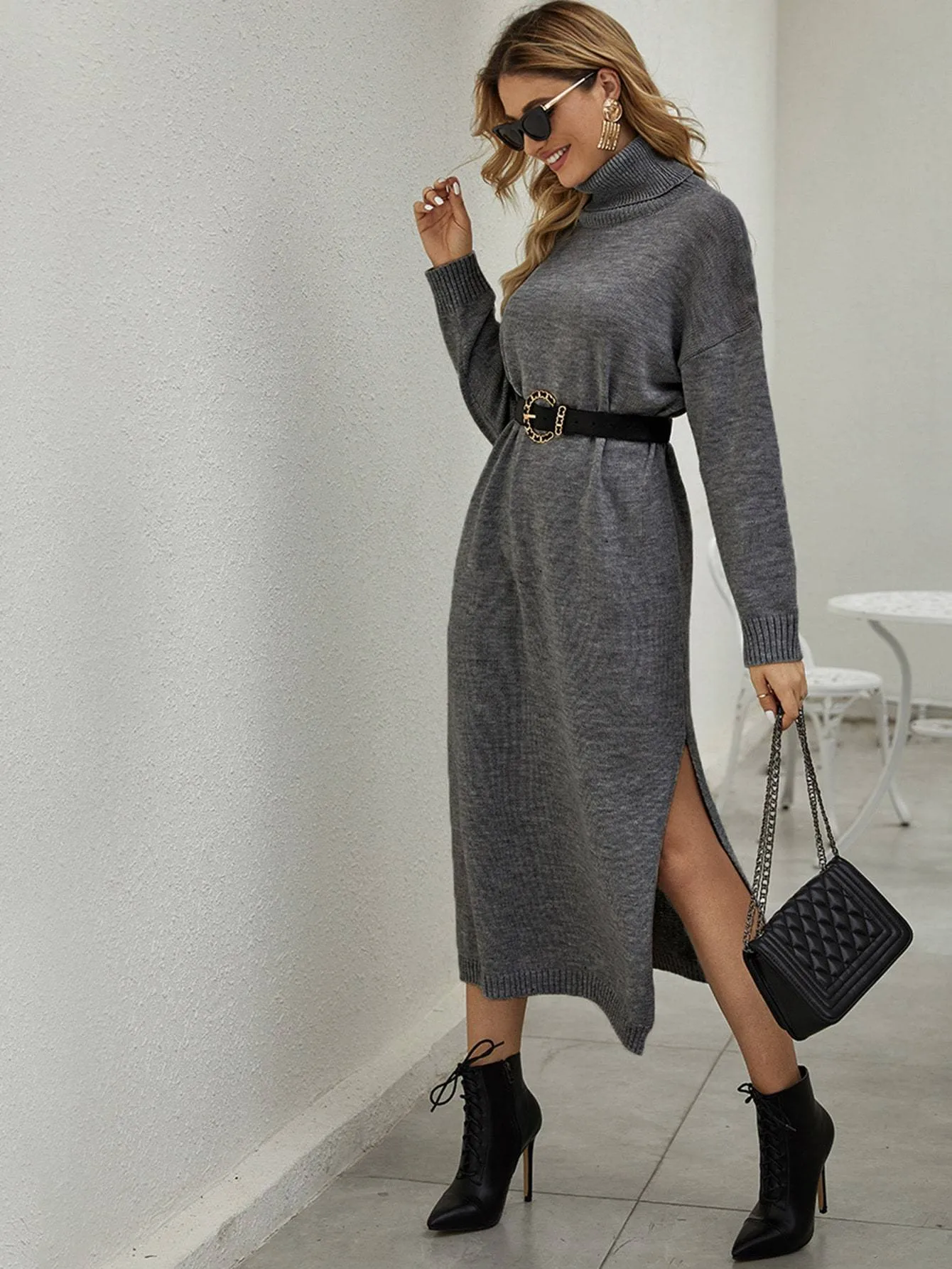 Slit Hem Drop Shoulder Turtleneck Jumper Dress Without Belt