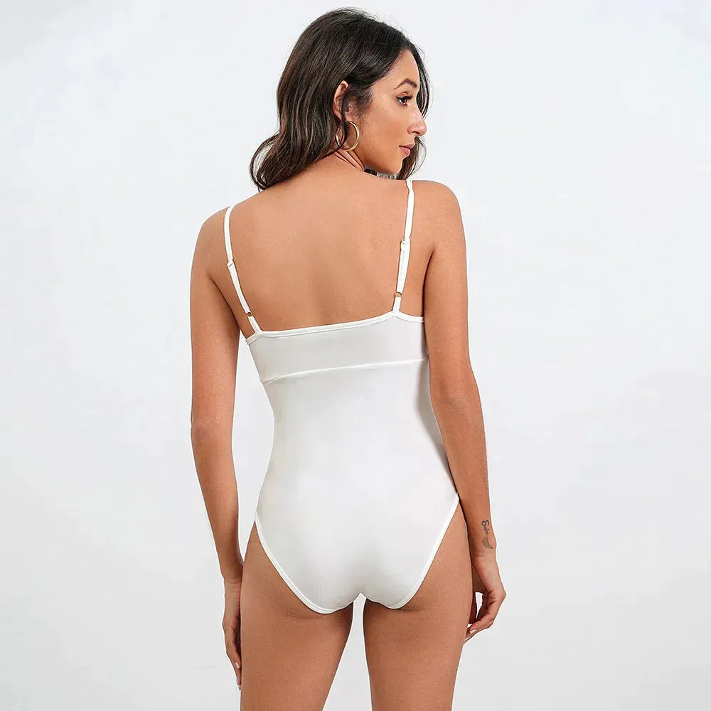 Summer Glam Sexy White Bodysuit with Spaghetti Straps and Lace Up Back