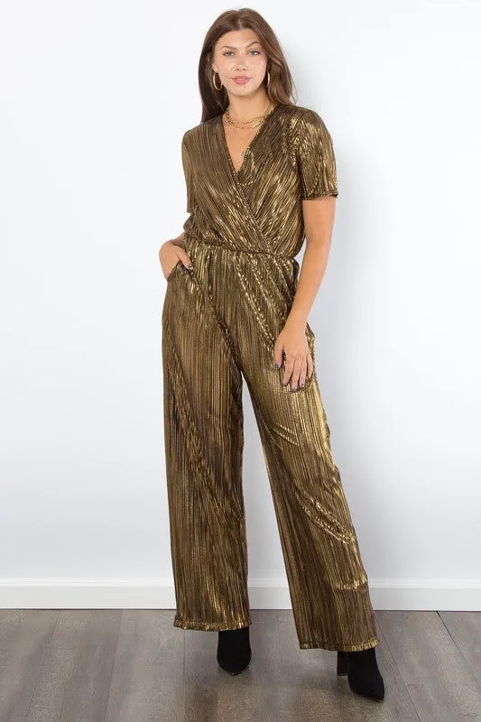 Surplice Short Sleeve Pleated Foil Jumpsuit