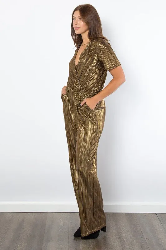 Surplice Short Sleeve Pleated Foil Jumpsuit