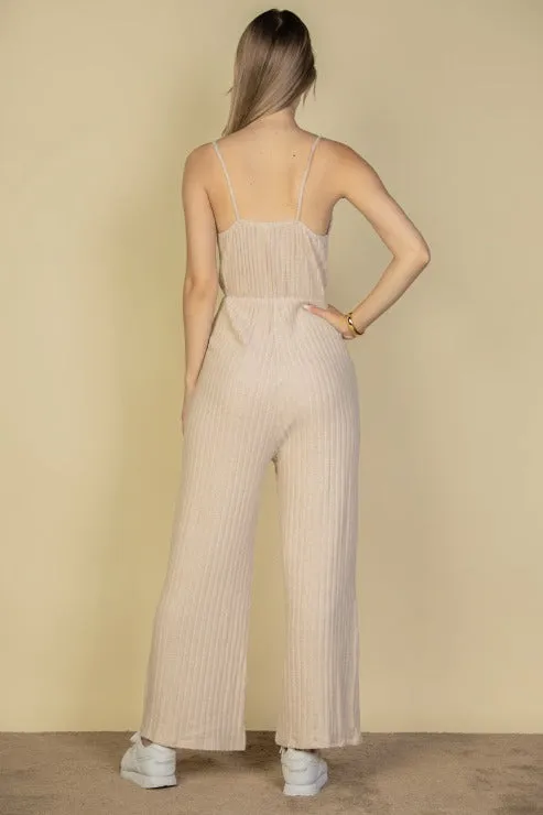 Sweater-Knit Fuzzy Frenchy Tie Front Cami Jumpsuit