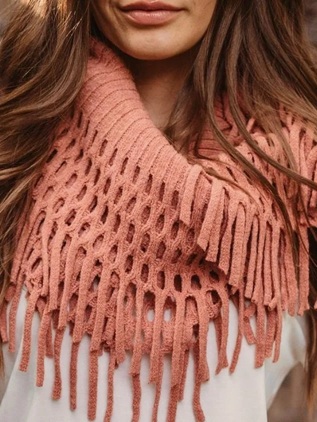 Tassel Knit Fringe Infinity Scarf - Rose