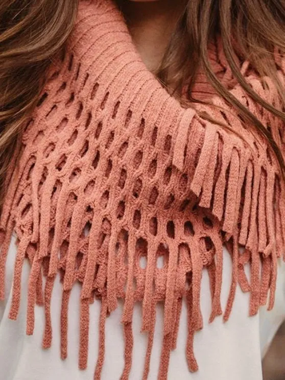 Tassel Knit Fringe Infinity Scarf - Rose