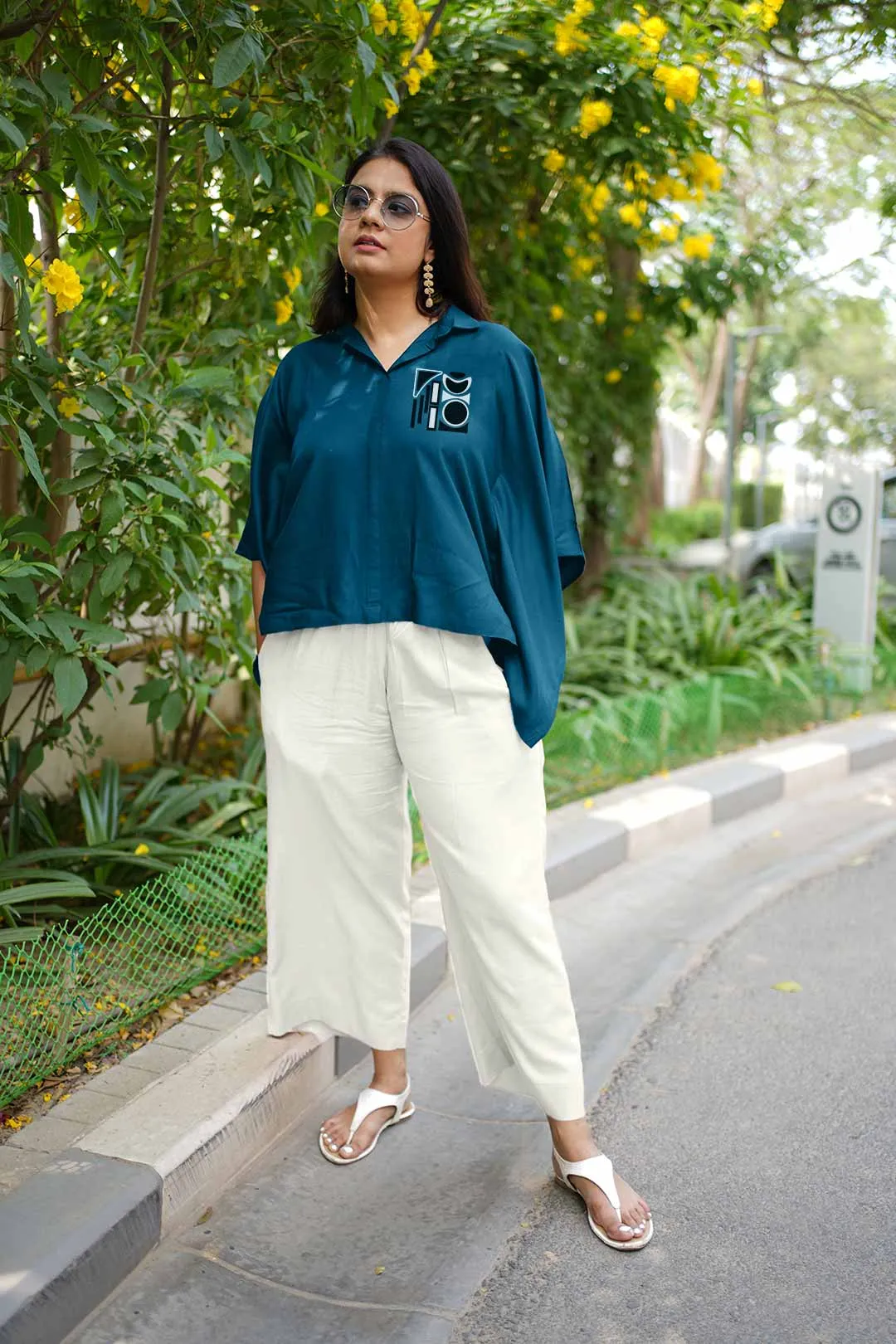 Teal Rayon KaftanTop & MilkyWhite Palazzo - Cubism