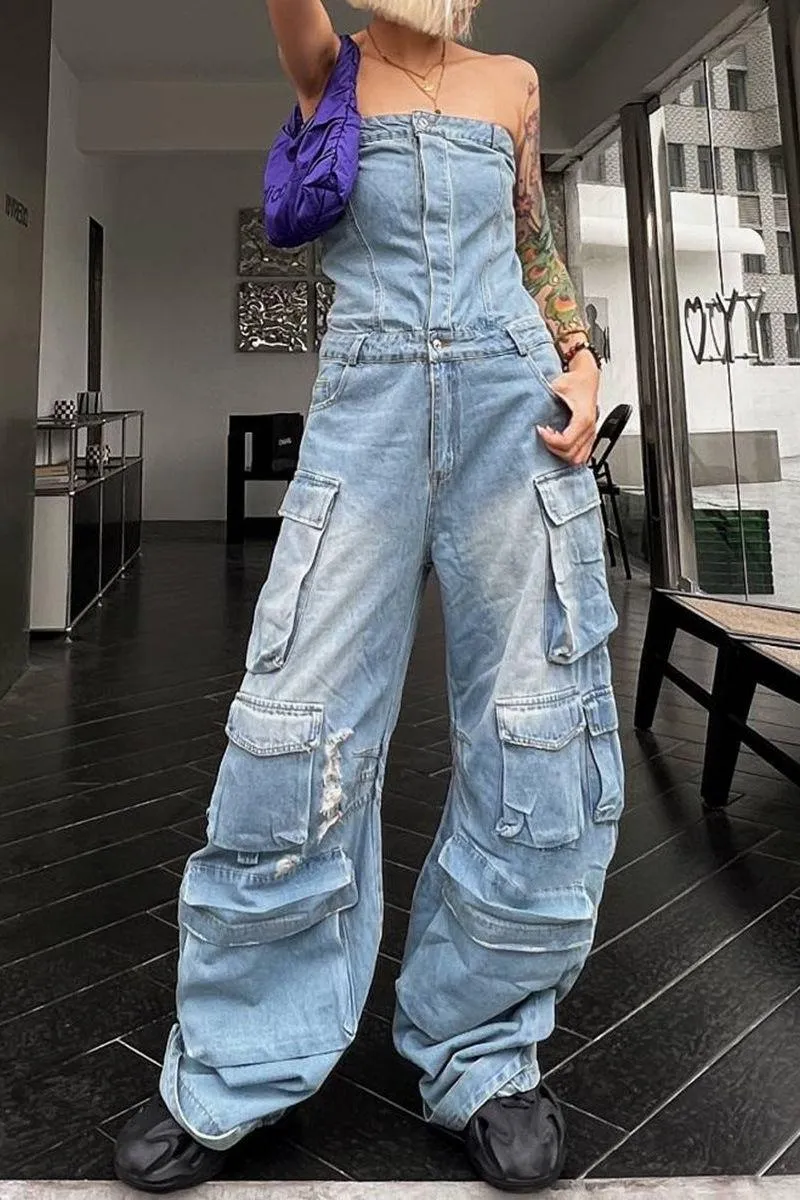 Top Waist Shaping Multi-Pocket Denim Jumpsuit