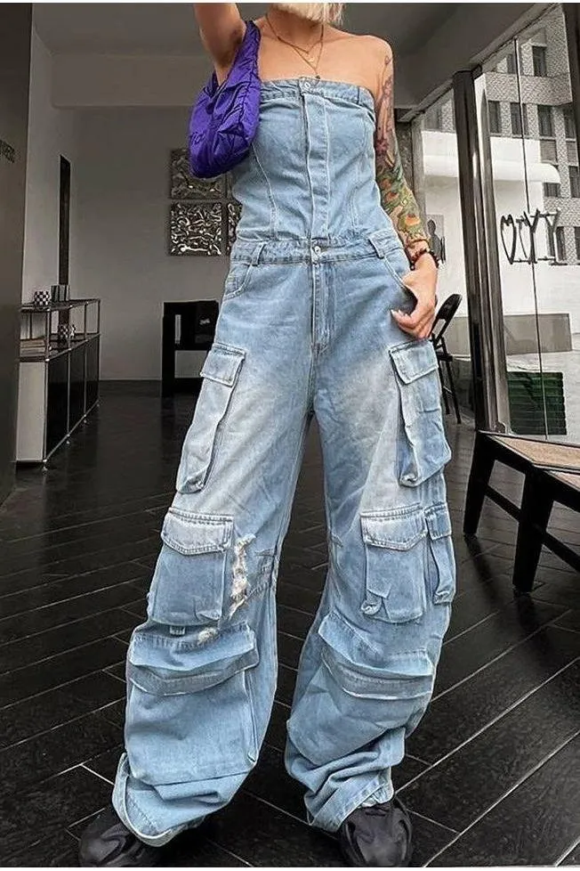 Top Waist Shaping Multi-Pocket Denim Jumpsuit